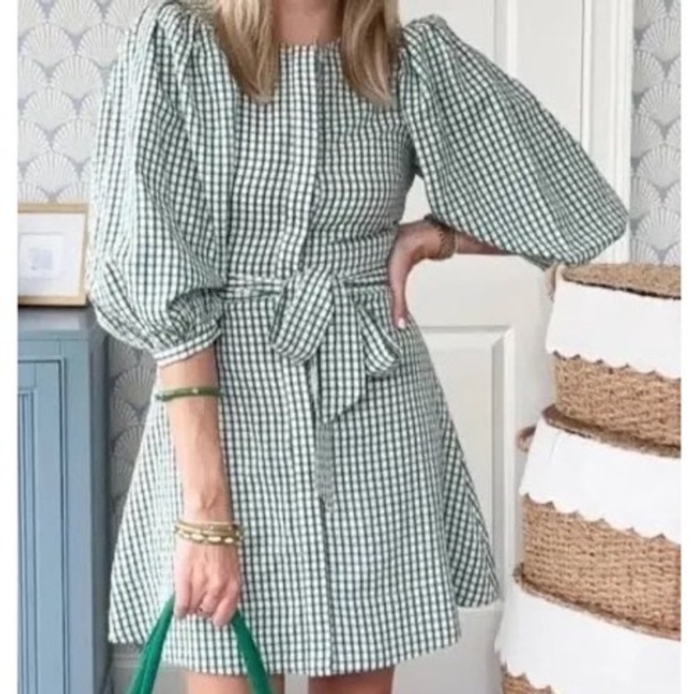 Pomander Place Green Gingham Puff Sleeve Tie Waist Mini Dress B2130 Womens Small